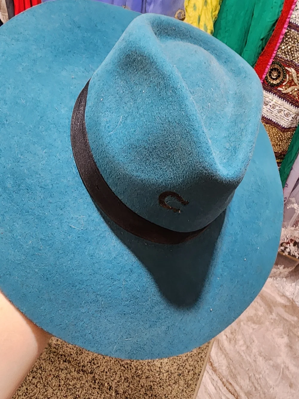 Teal Felt Wide-Brim Hat with Black Band